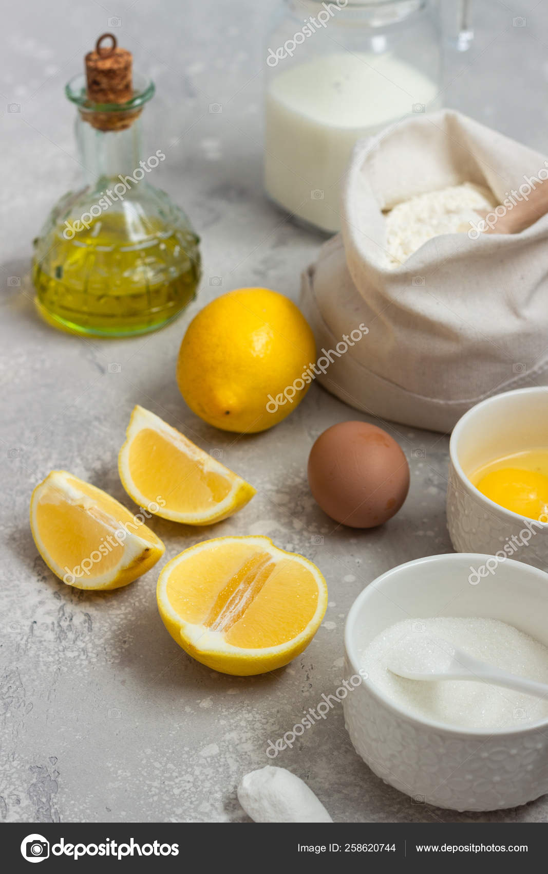 Ingredients Making Cake Flour Eggs Milk Buttermilk Olive Oil Sugar Stock Photo by ©porosolka