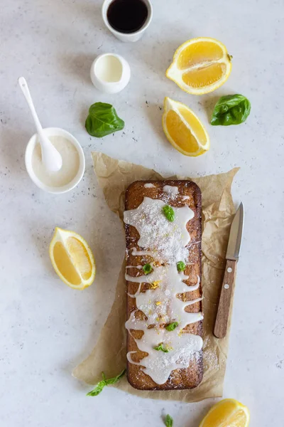 Homemade Glazed Lemon Loaf Cake Decorated Lemon Zest Basil Coconut — Stock Photo, Image