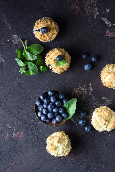 Blueberry Muffins Fresh Berries Mint Leaves Dark Brown Stone Background — Stock Photo, Image