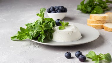 Taze yaban mersini ve açık gri arka plan üzerinde nane ile gri plaka üzerinde İtalyan ricotta peyniri. Seçici odaklama, kopyalama alanı. 