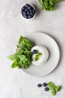 Taze yaban mersini ve açık gri arka plan üzerinde nane ile gri plaka üzerinde İtalyan ricotta peyniri. Seçici odaklama, kopyalama alanı. 