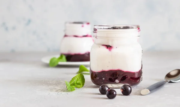 Burkar Naturell Yoghurt Med Bärsås Och Mynta Ljusgrå Bord Hälsosam — Stockfoto