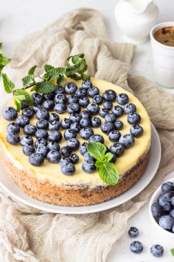 New York tarzı cheesecake, taze yaban mersini ve nane beyaz bir tabak ta. Açık taş arka plan. Kopyalama alanı.