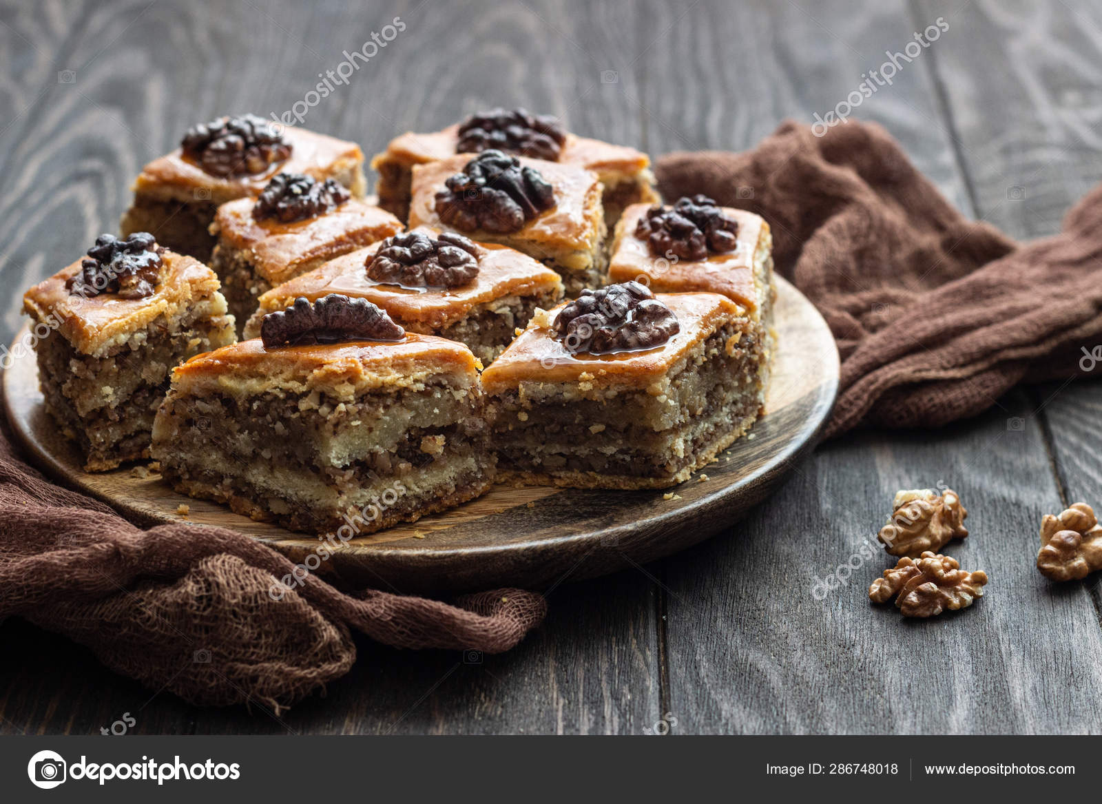 Baklava Ramadan Dessert Traditional Arabic Dessert Walnuts Honey Wooden Table Stock Photo by