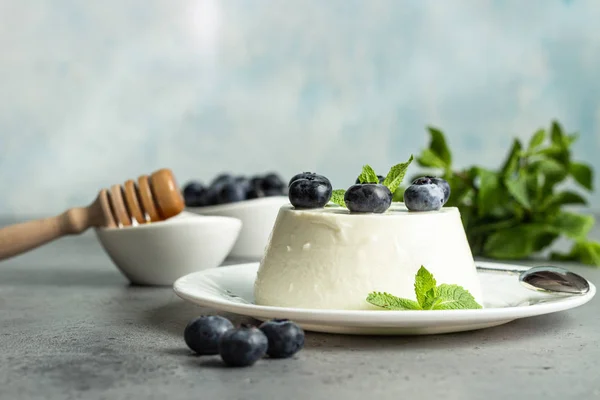 Queijo Ricota Italiano Sobre Prato Branco Com Mirtilos Frescos Hortelã — Fotografia de Stock