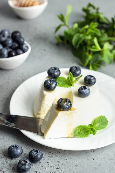 Brânză Ricotta Italiană Placă Albă Afine Proaspete Mentă Miere Fundal — Fotografie, imagine de stoc