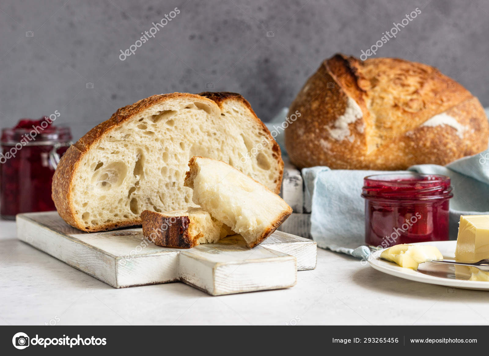 Toasted White Artisan Bread Butter Jam Light Grey Stone Table Stock Photo C Porosolka Balt 293265456