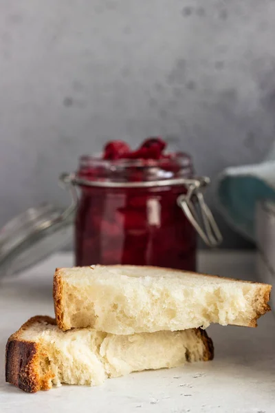 Toasted White Artisan Bread Butter Jam Light Grey Stone Table — Stock Photo, Image