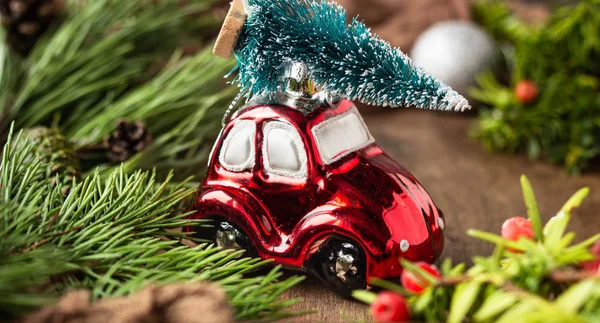 Cartão Saudação Natal Com Galhos Árvore Ano Novo Bolas Doces — Fotografia de Stock