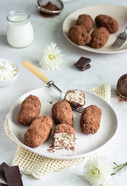 Curd cheese or cottage cheese bars with cocoa powder on a plate. Protein bar. Dessert with cottage cheese covered cocoa.