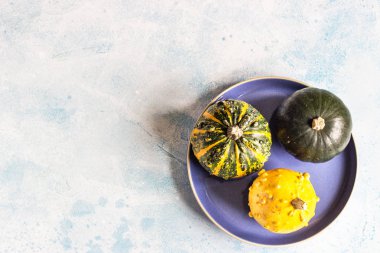 Mavi bir tabakta küçük dekoratif balkabakları olan yaratıcı düz sonbahar kompozisyonu. Üst Manzara. Açık mavi taş arka plan. Boşluğu kopyala.