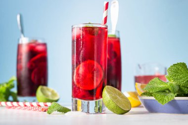Buzlu böğürtlen çayı (karkade, kırmızı kuş, Agua de flor de Jamaica) veya açık gri arkaplanda ahududu, böğürtlen, nane ve narenciye ile limonata. 