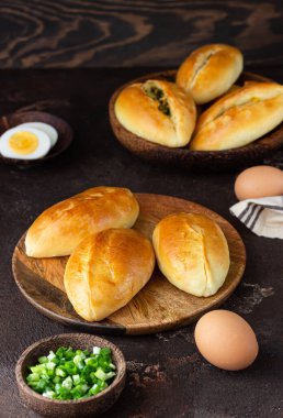 Geleneksel Rus turtaları, yeşil soğanlı ve ahşap tabakta yumurta, koyu kırsal arka plan. Rus pirozhki, ev yapımı köfteler..