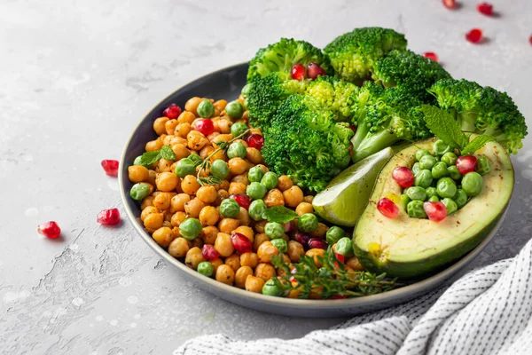 Healthy vegetable lunch of broccoli, roasted chickpeas, avocado, green peas, pomegranate seeds, lime and mint on a ceramic plate. Vegan food, clean eating or dieting concept.