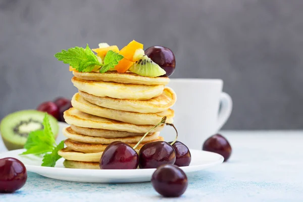 Breakfast Cup Coffee Stack Classic American Pancakes Served Black Cherry — Stock Photo, Image