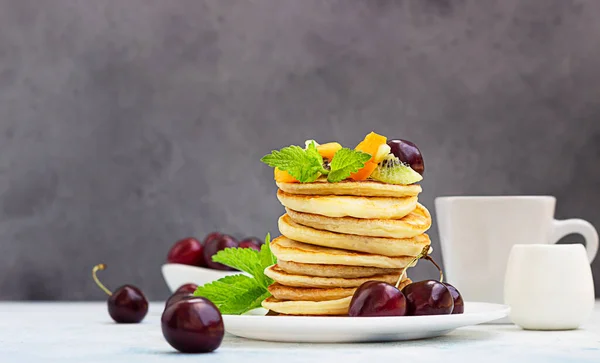 Breakfast Cup Coffee Stack Classic American Pancakes Served Black Cherry — Stock Photo, Image