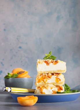 Kayısı parçacıklı kek. Kayısı ve kayısılı cheesecake çubukları ve naneli, gri arka planlı mavi seramik tabak..