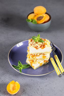 Kayısı parçacıklı kek. Kayısı ve kayısılı cheesecake çubukları ve naneli, gri arka planlı mavi seramik tabak..