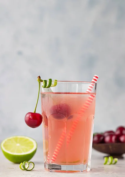Lemonade Non Alcohol Cocktail Cherry Lime Glass Grey Background Summer — Stock Photo, Image