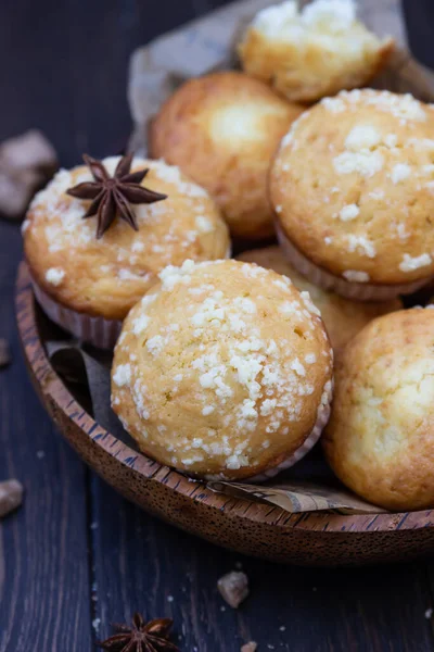 Wooden Bowl Tasty Homemade Muffins Cinnamon Anise Star Brown Sugar — Stock Photo, Image