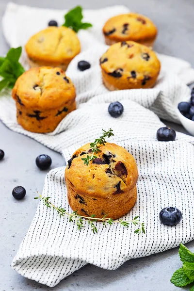 Muffins aux myrtilles fraîches faits maison décorés de thym, de baies fraîches et de menthe sur fond de béton gris. — Photo