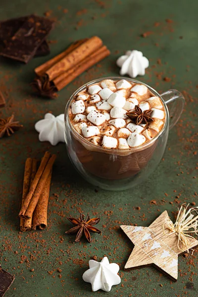 Glazen Kopje Warme Chocolademelk Cacao Met Marshmallows Anijs Ster Stukjes — Stockfoto
