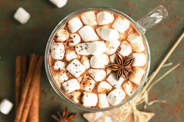 Warme Cacao Chocolade Met Marshmallow Anijsster Kaneel Stukjes Chocolade Selectieve — Stockfoto