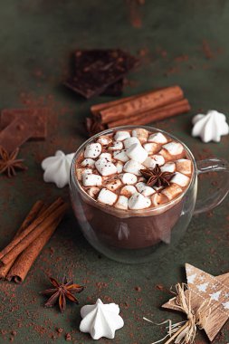 Bir bardak sıcak çikolata ya da marşmelov ve anasonlu kakao, yeşil beton arka planda çikolata, krema ve baharatlar. Geleneksel kış içeceği.