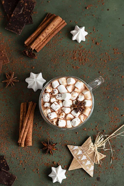 Glazen Kopje Warme Chocolademelk Cacao Met Marshmallows Anijs Stukjes Chocolade — Stockfoto