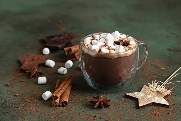 Warme Cacao Chocolade Met Marshmallow Anijs Kaneel Stukjes Chocolade Selectieve — Stockfoto
