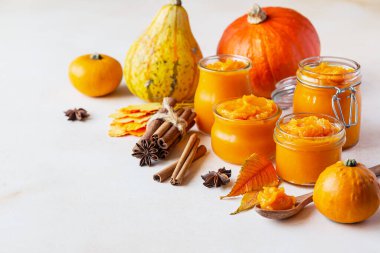 Farklı cam kavanozlarda farklı baharatlar ve taze balkabaklarıyla kabak püresi. Sonbahar ya da kış yemekleri. Hafif arkaplan.