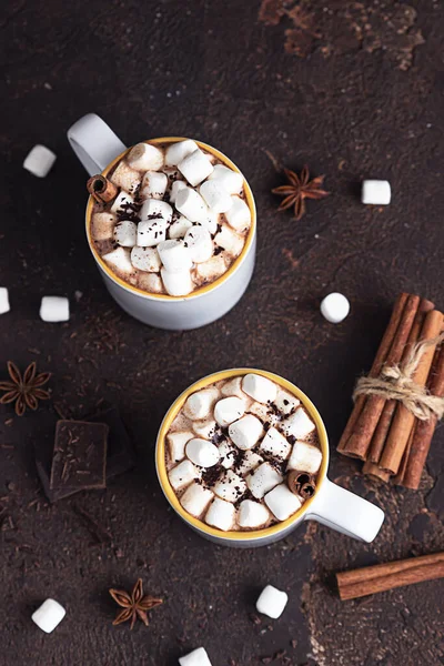 Duas Xícaras Cerâmica Branca Com Cacau Quente Chocolate Com Marshmallow — Fotografia de Stock