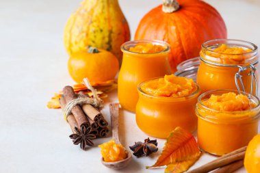 Farklı cam kavanozlarda farklı baharatlar ve taze balkabaklarıyla kabak püresi. Sonbahar ya da kış yemekleri. Hafif arkaplan.