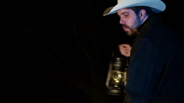 Cowboy Holding Lantern Night — Stock Video