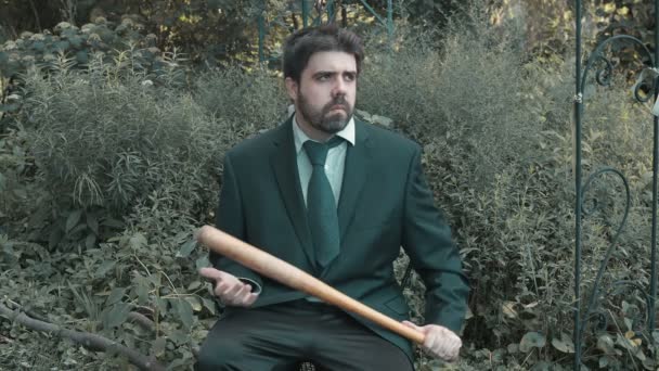 Mafia Guy Sitting Baseball Bat — Stock Video