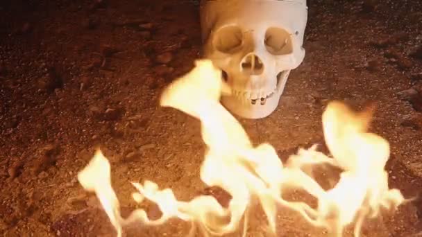 Czaszka Ogniem Zewnątrz Gotycka Lub Przerażająca — Wideo stockowe