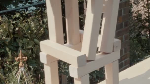 Collapsing Building Concept Simple Wooden Blocks Falling Ground — Stock Video