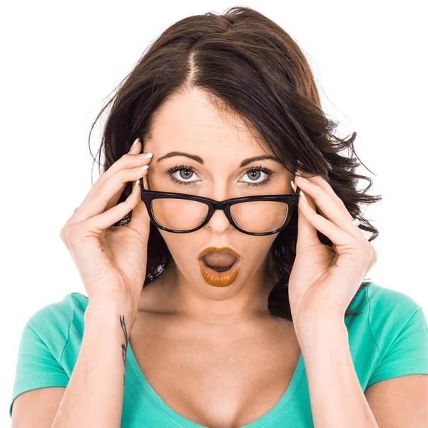 Young Business Woman Holding Glasses Looking Shocked — Stock Photo, Image