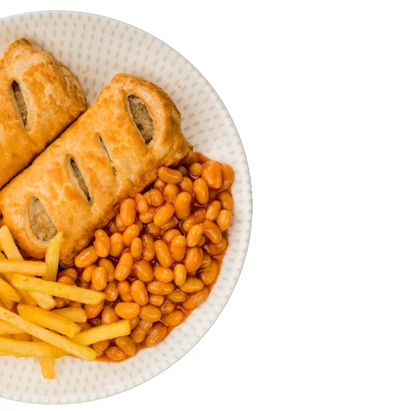 Sausage Rolls with Baked Beans and Chips — Stock Photo, Image