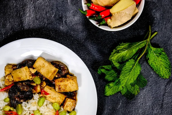 Healthy Sticky Teriyaki Tofu Cu Orez — Fotografie, imagine de stoc