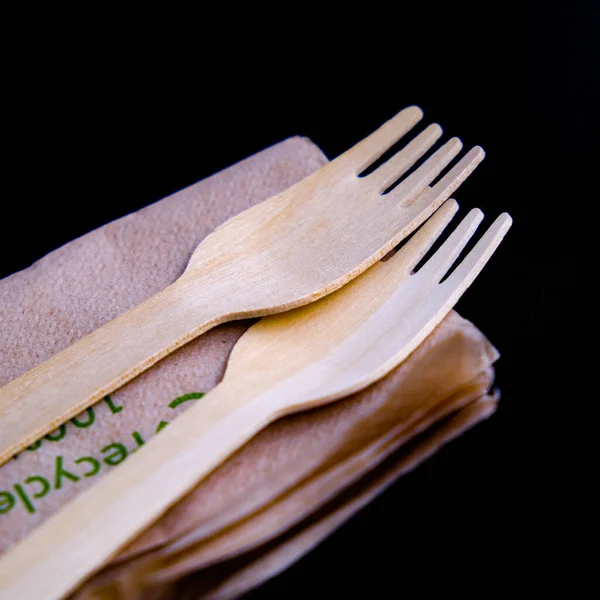 Two Disposable Wooden Recyclable Forks Black Background People — Stock Photo, Image