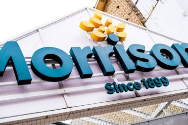Londra İngiltere, 27 Eylül 2002 Morrison İngiliz Süpermarketi İnsansız Yakın Çekim Logosu