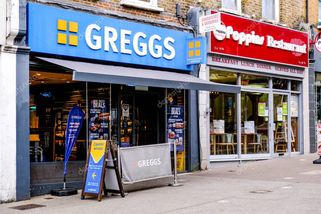 London UK, September 27 2020, Greggs Bakers Popula High Street Supplier Of Pies And SandwichesShop Front and Logo