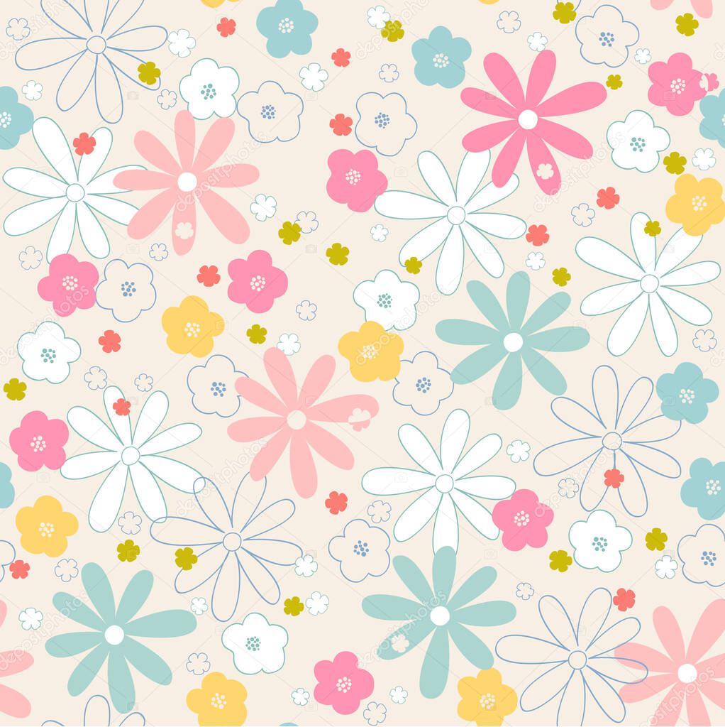 seamless abstrac grey floral  background with pink and blue flowers