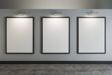 Çağdaş iç duvar temiz posterleri ile. Tasarım, reklam, Müze ve Galeri kavramı. Alay etmek yukarıya, 3d render 