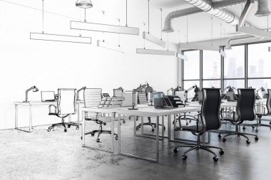 Modern ofis iç mobilya ile coworking, ekipman ve şehir görüntüleyin. 3D render 