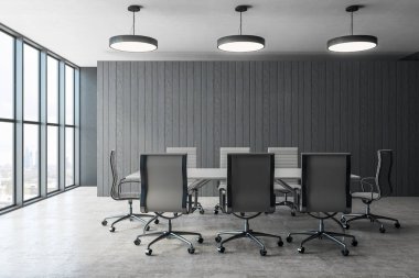 Modern toplantı iç panoramik kent manzaralı, lambalar ve mobilya oda. 3D render 