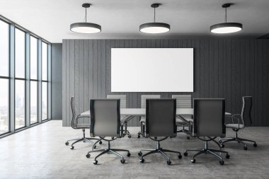 Boş poster, panoramik kent manzaralı ve mobilya modern konferans odası iç. Sunumu ve tartışma kavramı. Alay etmek yukarıya, 3d render