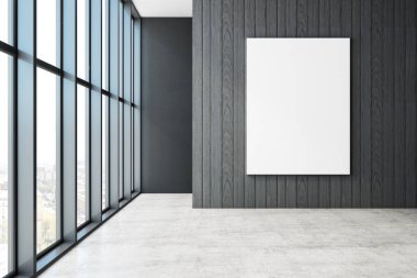 Boş boş ofis iç panoramik kent manzaralı ve boş poster duvara. Alay etmek yukarıya, 3d render 