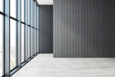 Boş boş iç duvar panoramik kent görünümü ve kopya alanı ile. Alay etmek yukarıya, 3d render 